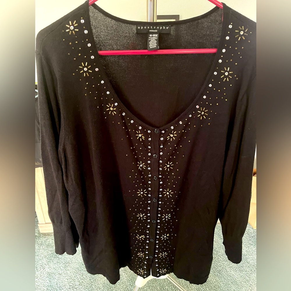 Black Embellished Long Sleeve Light Sweater Top
